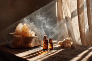 natural essential oils, incense smoke, and sunlight cleansing a home space