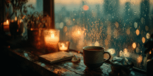 A candlelit table with a cup of tea and a journal beside a rain-streaked window, evoking the warmth and reflection of a psychic reading.