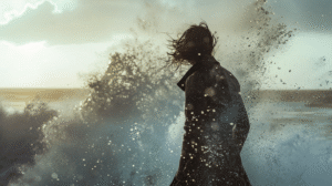 A calm person stands still as wind and debris swirl around them, representing inner steadiness amid collective anger.