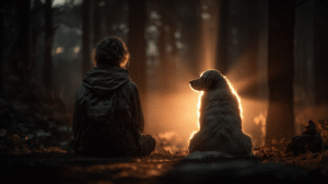 A human sitting beside the glowing spirit of their dog in a forest at sunrise, representing everlasting animal companionship and love.