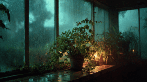Window ledge of wilting houseplants beside one thriving green fern under pale light.