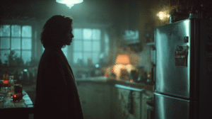 Woman staring at a flickering light in a dark kitchen with a faint ghostly reflection on stainless steel.