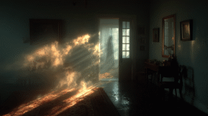 A faint, comforting translucent presence standing in a softly lit doorway, representing spirits lingering out of love and protection.