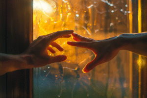 Two hands reach toward each other through glass — one human, one softly glowing — symbolizing compassion and connection beyond division.