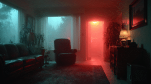 Red digital alarm glowing in a dark apartment at 3 a.m., faint mist forming near doorway.