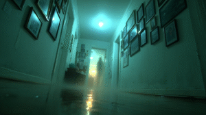 Long hallway lit by a dim bulb, faint translucent figure appearing near doorway.