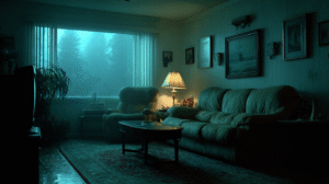 Dim living room illuminated by blue moonlight, subtle mist suggesting spiritual presence.