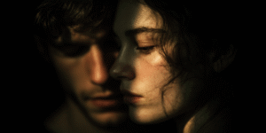 Two silhouettes stand back-to-back in darkness, with cracks of golden light seeping through their bodies, symbolizing vulnerability beneath anger.
