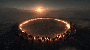 Aerial image of people forming a glowing circle of light in a vast field, symbolizing empathy, unity, and shared humanity.