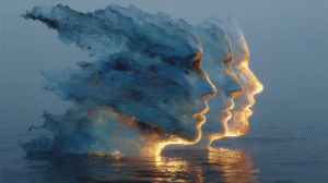 Photorealistic ocean waves illuminated with faint human reflections in the water, representing individuality within shared consciousness.
