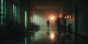 A person walks through a dim hallway carrying a glowing light shaped like a heart, symbolizing emotional weight and perseverance.