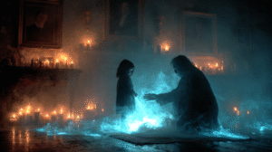 Psychic medium raising hand protectively toward child in candlelit haunted museum.