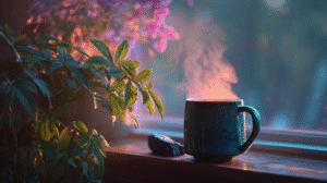 Cozy coastal home at sunrise with steaming tea, black tourmaline, and thriving plant.