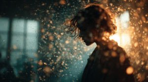 Woman tossing salt into sunlight streaming through open window during home cleansing ritual.