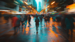 A calm figure stands motionless amid a blurred crowd in a busy street, symbolizing stillness and compassion within chaos.