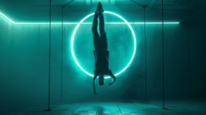A serene man suspended upside down underwater, surrounded by mirrored shards glowing in teal and amber light.