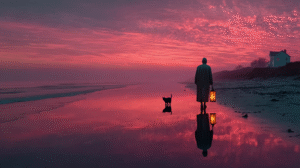 A solitary figure standing on a dark mountainside holding a glowing lantern that casts light across mist and stone.