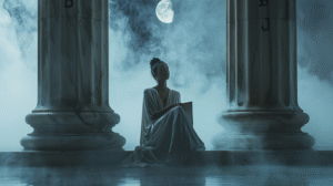 A modern depiction of the High Priestess seated between marble pillars, illuminated by moonlight reflecting over water.