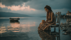 A woman seated by a reflective shore at dusk, holding a golden cup near her heart, surrounded by soft rose light.