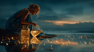 A woman kneels by a glowing lake beneath a starlit sky, pouring luminous water from two vessels.