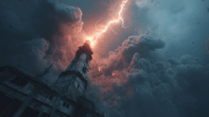 A lightning bolt strikes a tall tower as fire and debris erupt against a stormy sky.