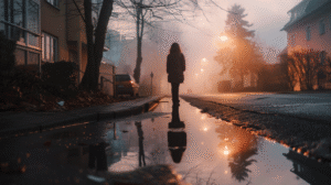 A lone figure stands in a foggy city street at sunrise, surrounded by muted light and reflective puddles, symbolizing awareness and resilience.