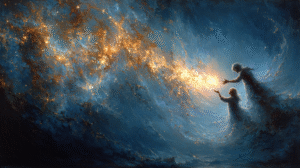 Two luminous figures made of starlight reaching toward one another across space, symbolizing eternal love and reunion beyond time.
