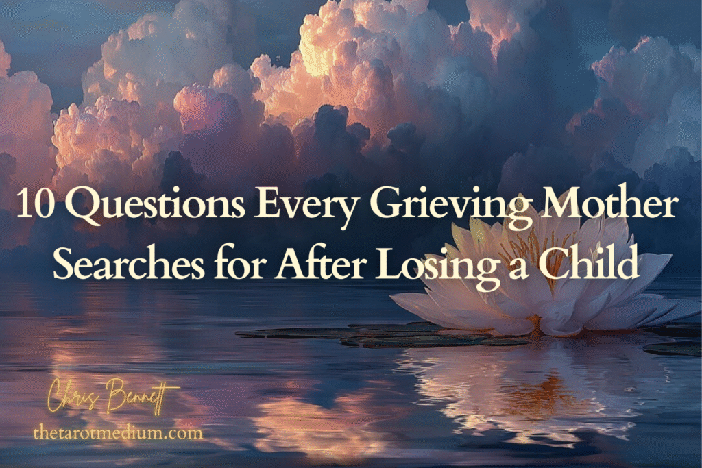 10-Questions-Every-Grieving-Mother-Searches-for-After-Losing-a-Child-from-psychic-medium-Chris-Bennett-the-tarot-medium-on-spiritual-insight Lotus flower on a reflective lake with pink epic clouds