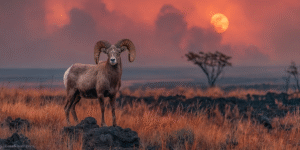 A golden-horned ram standing on volcanic rock under a red Full Moon, molten cracks glowing beneath stormy skies.