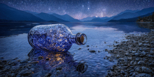 A glowing amphora pouring turquoise water into a mirrored lake beneath an aurora-lit sky.