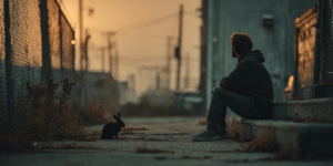 A man on his lunch break in an industrial area looks toward a small black rabbit beside him, symbolizing an unexpected sign from spirit