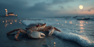 A luminous silver crab illuminated by moonlight on a foggy seafoam shore.