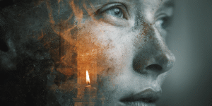 Portrait layered with symbolic double-exposure elements like a doorway, circle, and flame to represent subtle psychic impressions and pattern recognition.