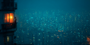 Aerial night view of a city filled with blue-lit windows, one warm apartment glowing amid the cold — a symbol of human isolation within connection.