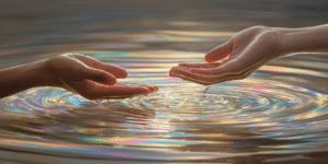 photoreal close-up of hands above a dark reflective surface with glowing threads of light between fingers, symbolizing psychic connection and flow