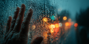A hand resting on a rain-covered window, lights beyond shimmering like unseen presence