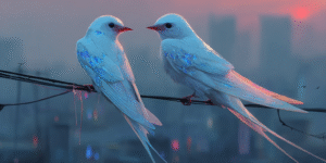 Twin streams of silver and yellow light twisting together across a lavender sky under the Full Moon.
