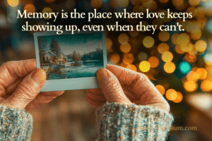 Close-up of adult hands holding a faded Polaroid photo in front of warm, blurred Christmas lights.