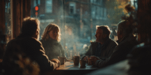 Four people talking over coffee in warm light, symbolizing intuition emerging through candid conversation and emotional resonance.