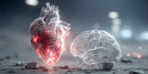 Photorealistic heart and brain suspended side-by-side in space, symbolizing the relationship between intuition and rational thought.