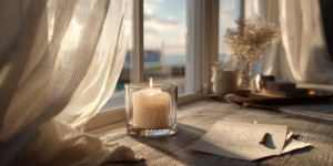 A sunlit table with an open window, candle, and handwritten note inviting spiritual connection