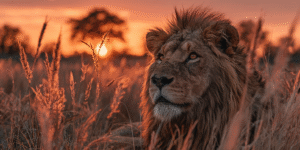 A radiant lion with a golden mane standing in tall amber grass under a blazing sun.