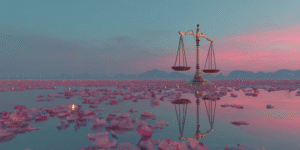 Crystal scales floating above a rose-colored lake reflecting a pastel dusk sky.