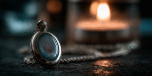 A candle flame reflected in a locket, representing enduring love after loss
