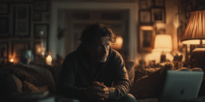 A man sits alone on a couch in a softly lit room, surrounded by signs of success, eyes downcast in quiet detachment under the warm glow of a single lamp.