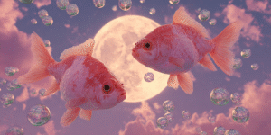 Two koi-like fish circling beneath teal water and moonlight, one above the surface, one below.