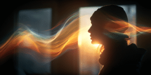 photoreal portrait of a person beside a rain-lit window, surrounded by shimmering energy waves and prism light, symbolizing psychic awareness awakening through silence