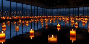 cinematic interior with single floating candle reflected infinitely in glass, glowing neural light lines in air, symbolizing mindfulness and psychic focus
