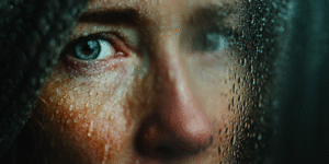 A faint reflection of a person’s eyes through fogged glass, symbolizing discernment between thought and spirit