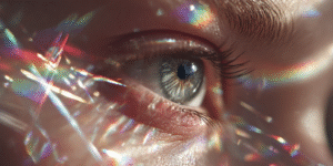 macro photograph of a human eye reflecting a glowing apple surrounded by spectral color and energy lines, representing clairvoyant visualization